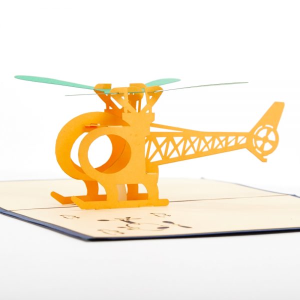 Helicopter 3D pop up greeting card: A yellow and green helicopter pops up.