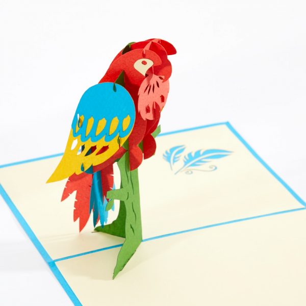 Parrot pop up greeting card: A colorful parrot perched on a tree popped up.