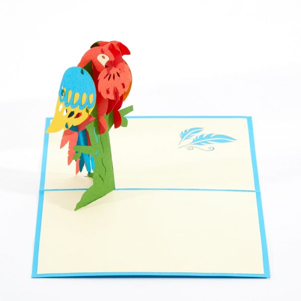 Parrot pop up greeting card: A colorful parrot perched on a tree popped up.
