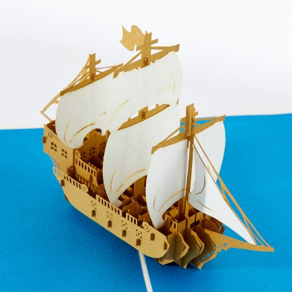 Boat pop up greeting card: A very intricate ship popped up.Blue.