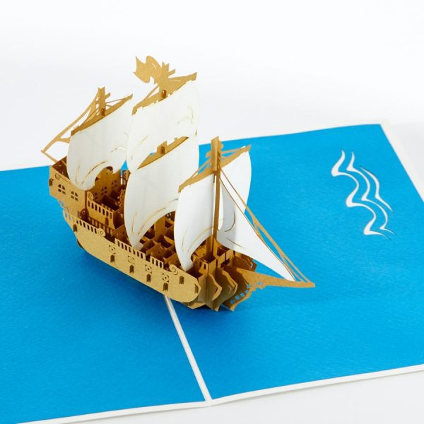 Yacht pop up greeting card: A very intricate ship popped up.Blue.