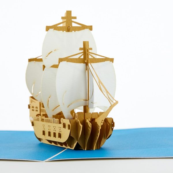 Ship pop up greeting card: A very intricate ship popped up.Blue.