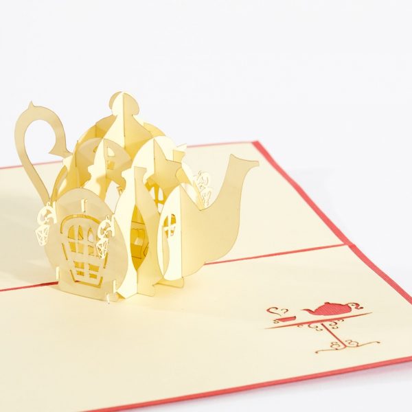 Friendship pop up greeting card: A very intricate teapot popped up.Red.