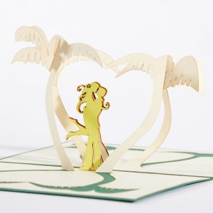 Love 3D pop up greeting card: A couple kissing under palm trees shaped as a heart.