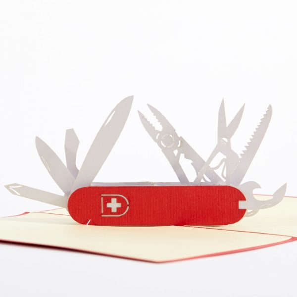 Knife pop up greeting card: A swiss army knife with tools open.