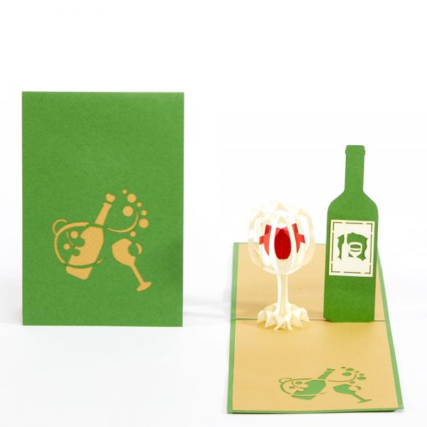 Wine pop up greeting card: A bottle of wine with a half full glass.