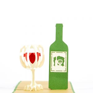 Wine pop up greeting card: A bottle of wine with a half full glass.