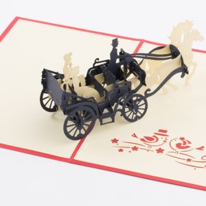 Wedding pop up greeting card: A horse drawn carriage with a bride and groom riding inside.