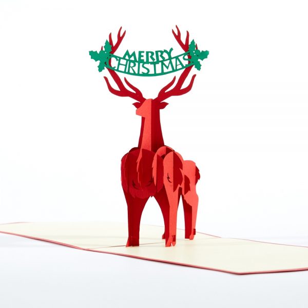 Christmas 3D pop up greeting card: A majestic buck standing tall with Merry Christmas between his antlers.