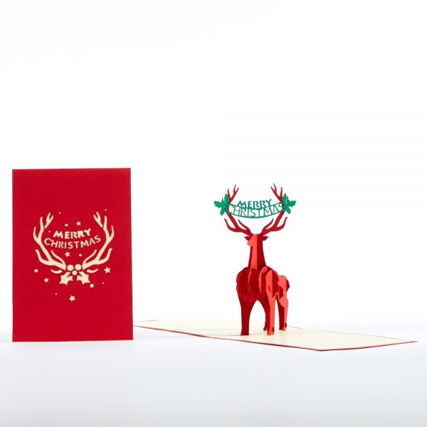 Christmas 3D pop up greeting card: A majestic buck standing tall with Merry Christmas between his antlers.