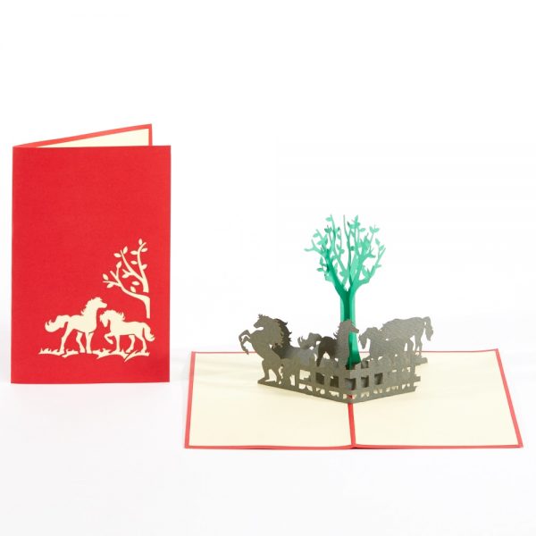 Horse pop up card, Five horses under a tree pop up.